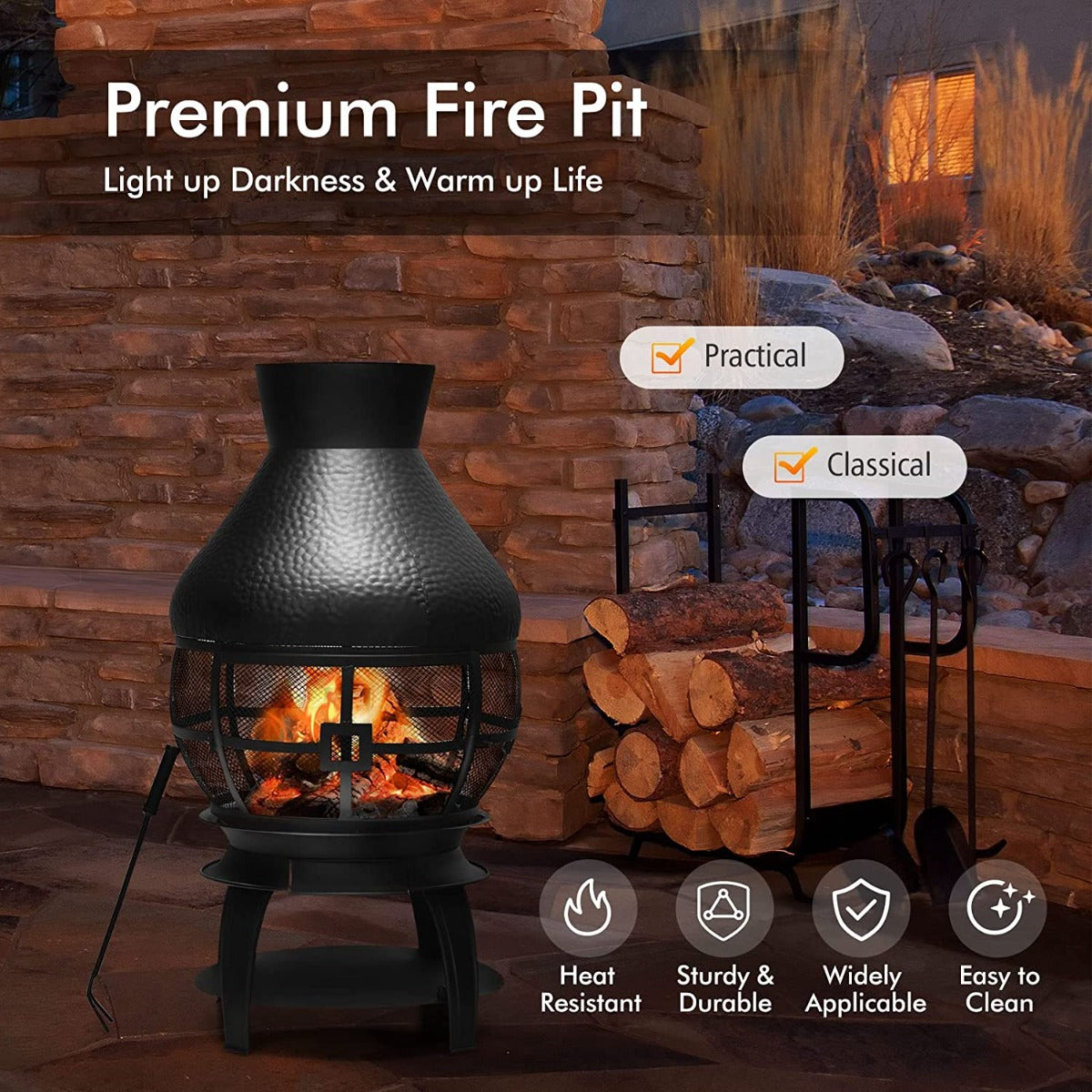 Patio Fire Pit with Coal Burning Heater and 2-piece Log Grate