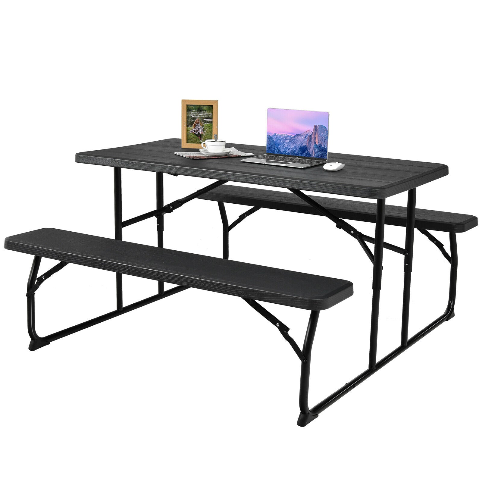 Foldable Picnic Table Bench Set with Anti-slip Pads-Black