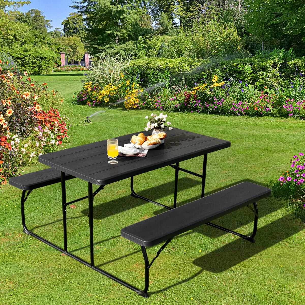 Foldable Picnic Table Bench Set with Anti-slip Pads-Black