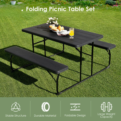 Foldable Picnic Table Bench Set with Anti-slip Pads-Black