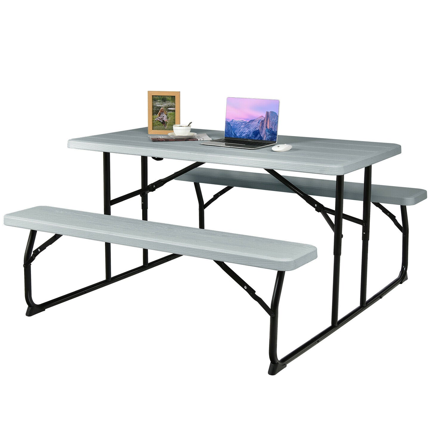 Foldable Picnic Table Bench Set with Anti-slip Pads-Grey