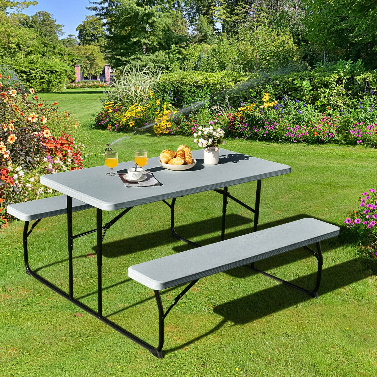 Foldable Picnic Table Bench Set with Anti-slip Pads-Grey