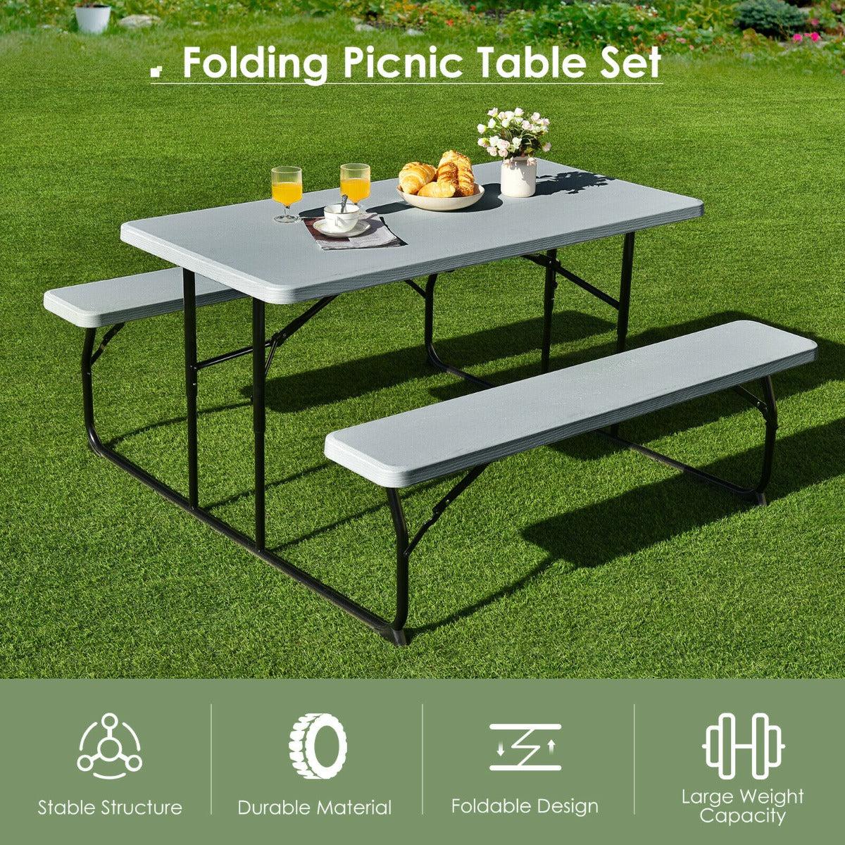 Foldable Picnic Table Bench Set with Anti-slip Pads-Grey