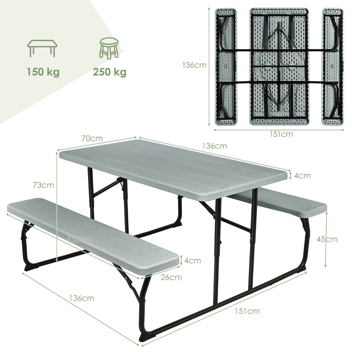 Foldable Picnic Table Bench Set with Anti-slip Pads-Grey