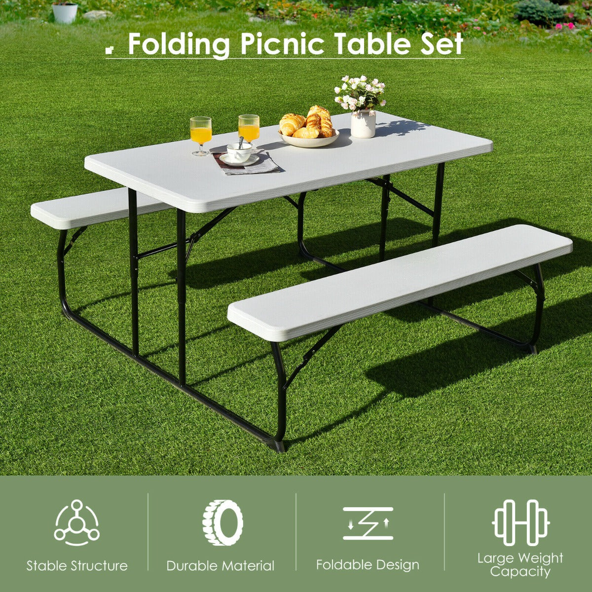 Foldable Picnic Table Bench Set with Anti-slip Pads-White