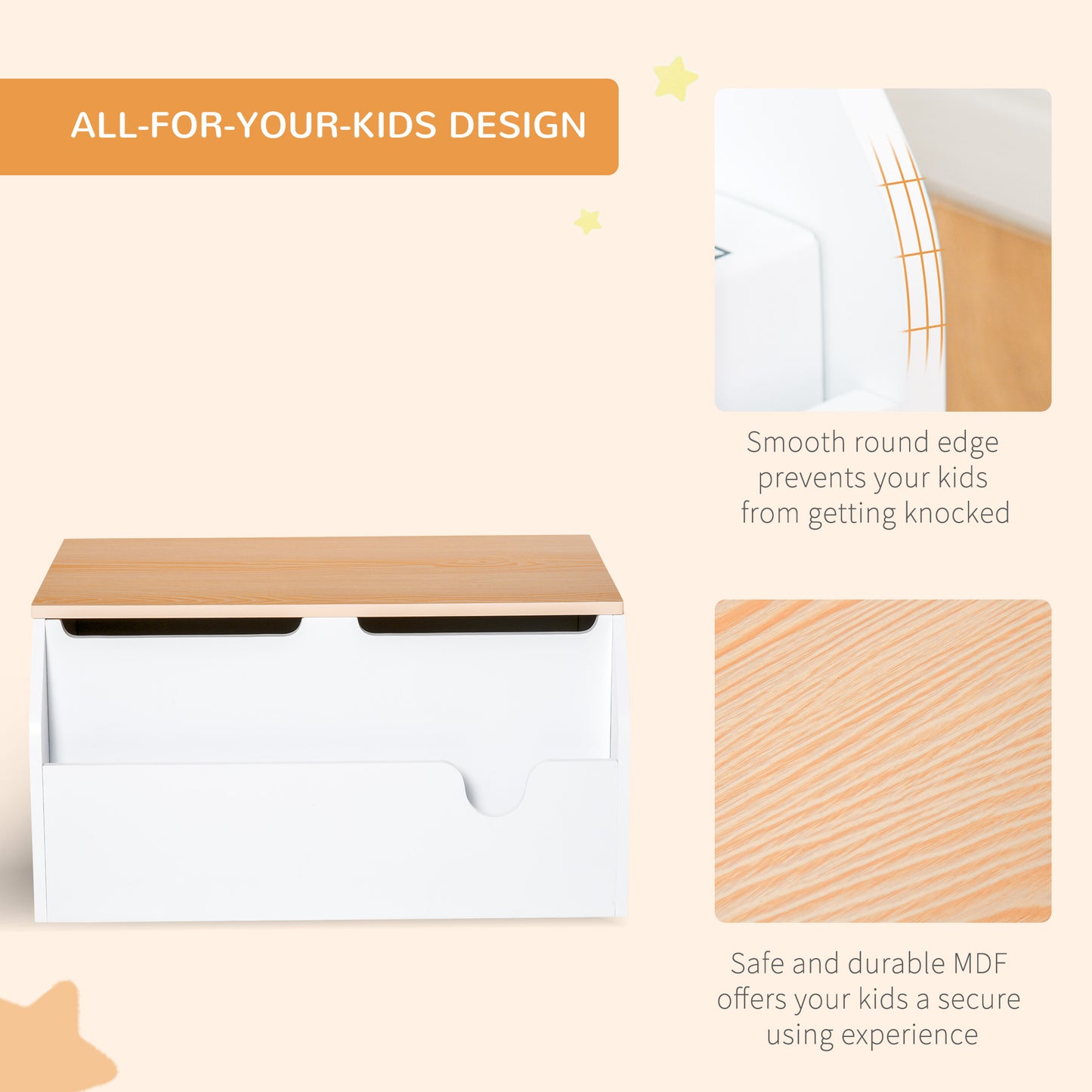 HOMCOM Wooden Kids Children Toy Box Storage Chest Organizer Book Slot Safety Hinge Playroom Furniture White