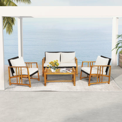 Outdoor Mix Brown Rattan Set with Acacia Wood Frame and Back Cushions-White