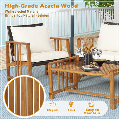 Outdoor Mix Brown Rattan Set with Acacia Wood Frame and Back Cushions-White