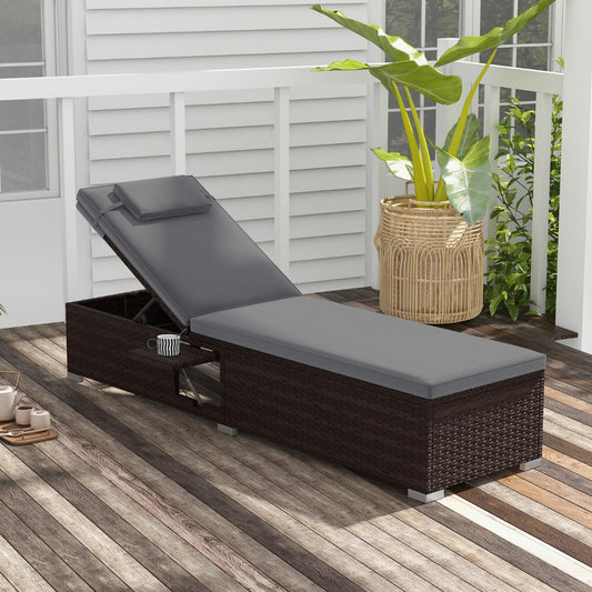 Outdoor PE Rattan Lounge Chair with 6-level Backrest and Comfy Seat Cushion-Grey