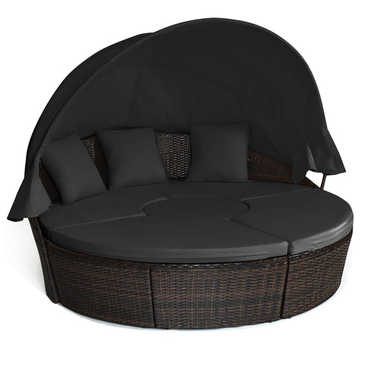 Outdoor Wicker Daybed, Patio Round Sectional Furniture Set-Black