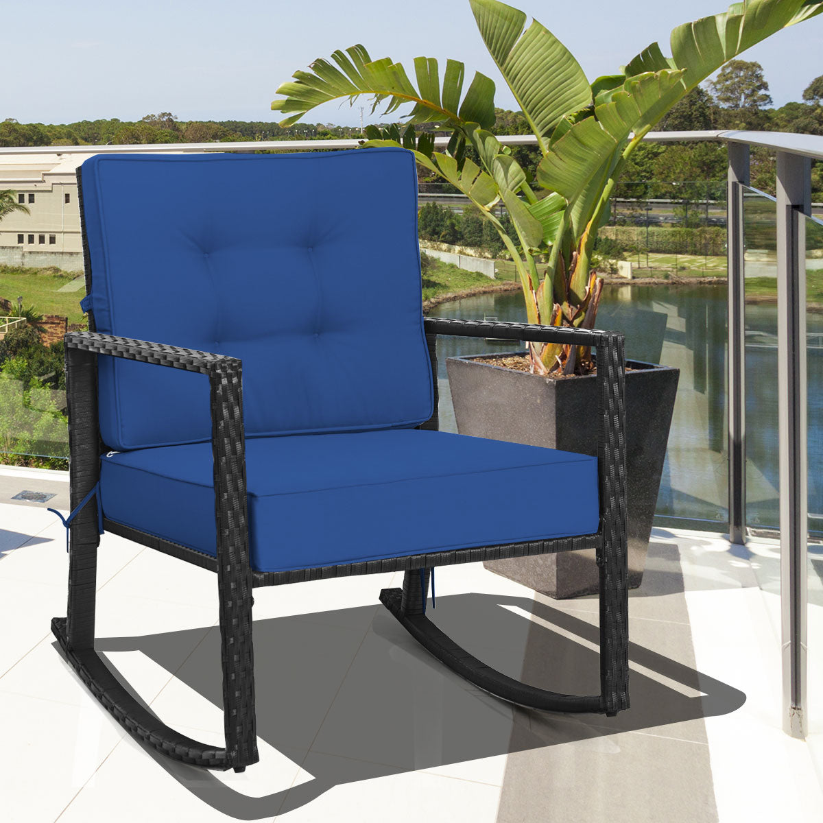 Outdoor Wicker Rocking Chair with Heavy-Duty Steel Frame-Navy