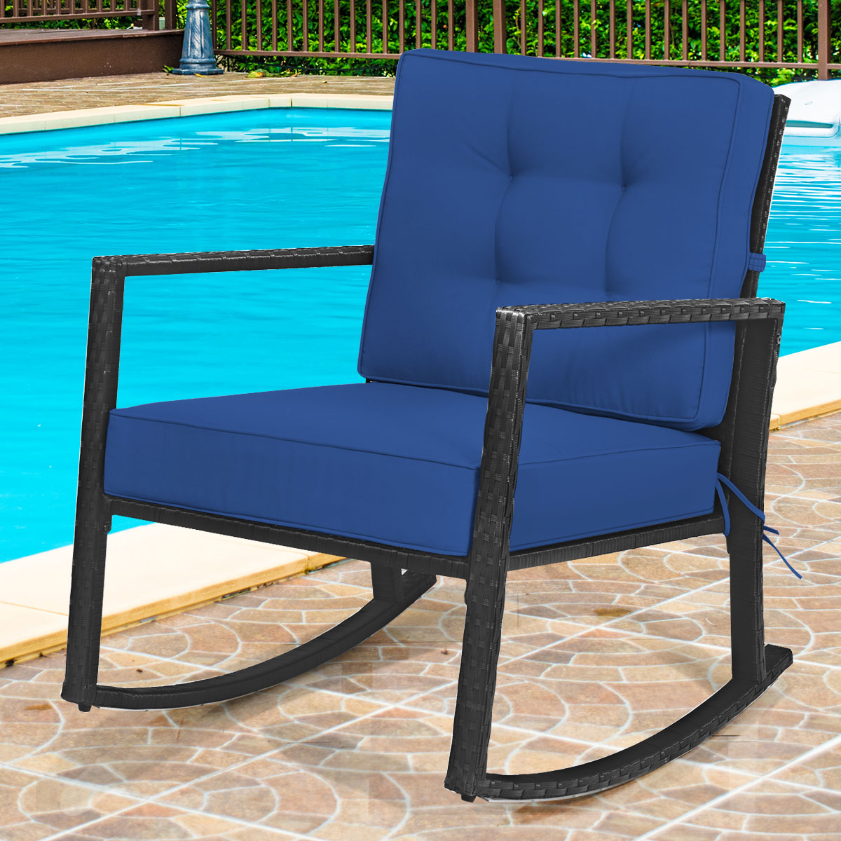 Outdoor Wicker Rocking Chair with Heavy-Duty Steel Frame-Navy