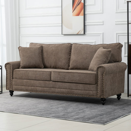 HOMCOM 2 Seater Sofas for Living Room, Fabric Sofa with Nailhead Trim, Loveseat with Cushions and Throw Pillows, Brown