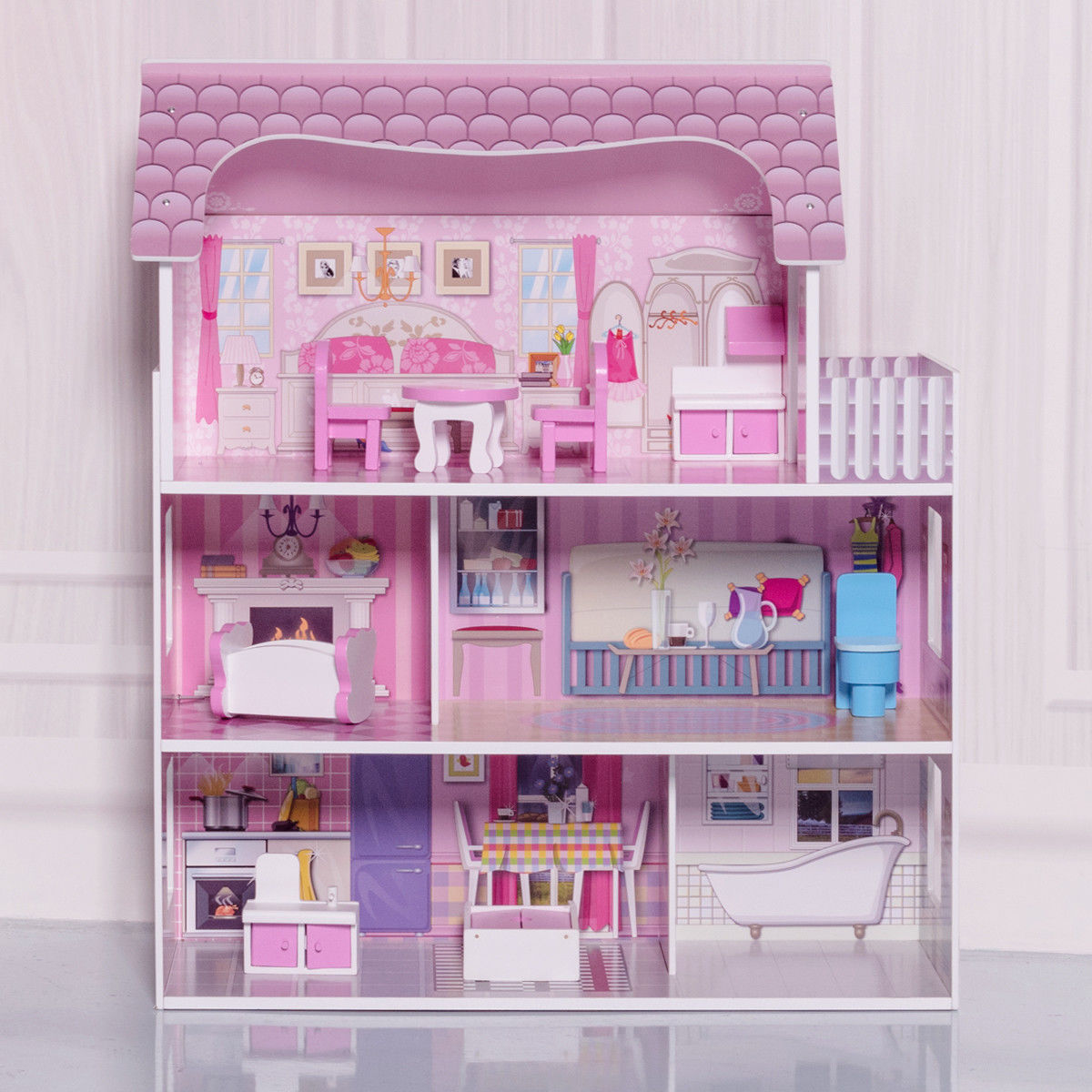 Wooden Dolls House Playset with Furniture and Accessories