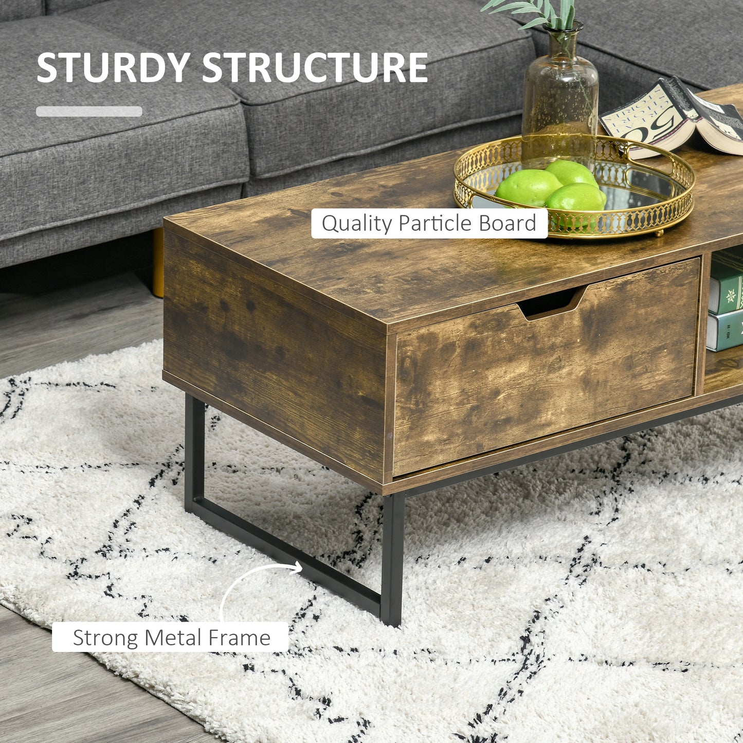 HOMCOM Industrial Coffee table Wooden End Table with Shortage Shelf and Drawer Modern Sofa Table Metal Frame, Rustic Brown 106W x 48D x 43H cm