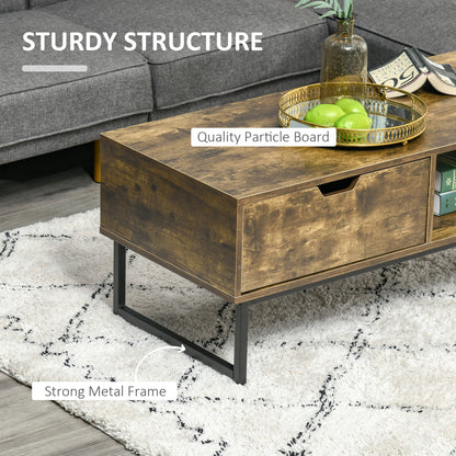 HOMCOM Industrial Coffee table Wooden End Table with Shortage Shelf and Drawer Modern Sofa Table Metal Frame, Rustic Brown 106W x 48D x 43H cm