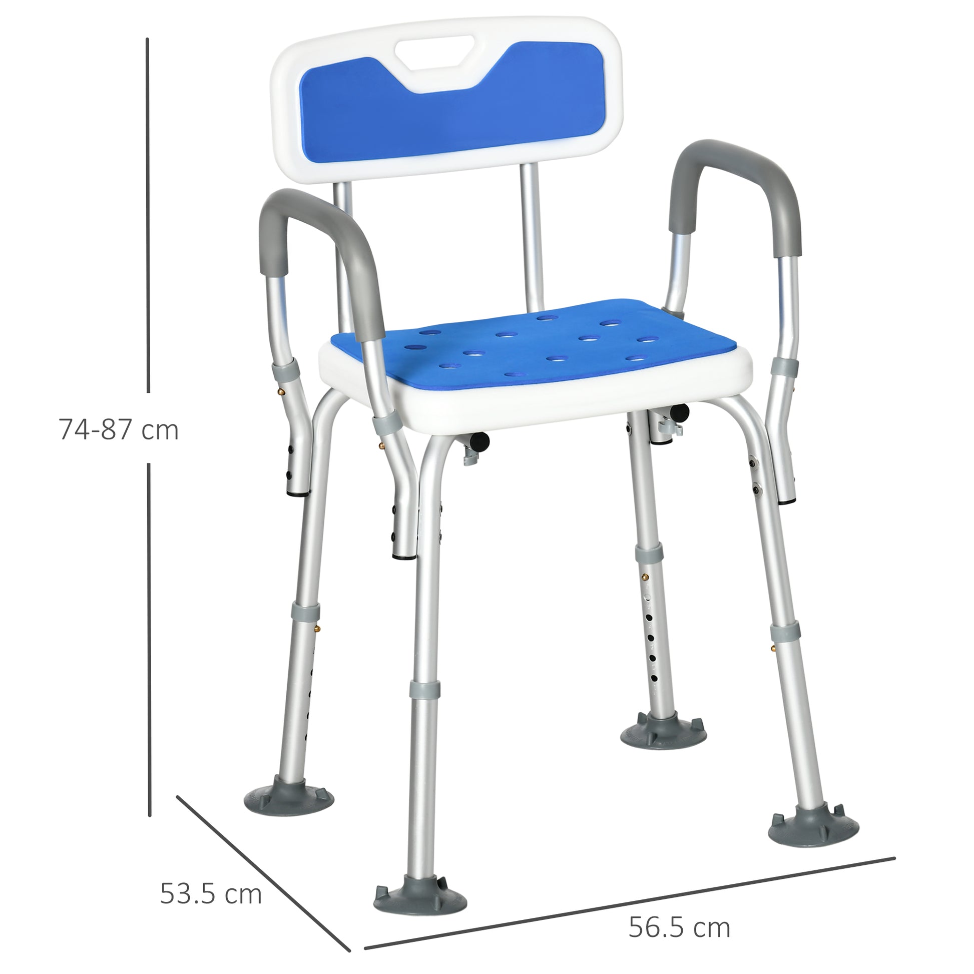 HOMCOM Shower Stools Shower Seat for Elderly and Disabled, EVA Padded, Height Adjustable with Back and Arms, 4 Suction Foot Pads, Blue