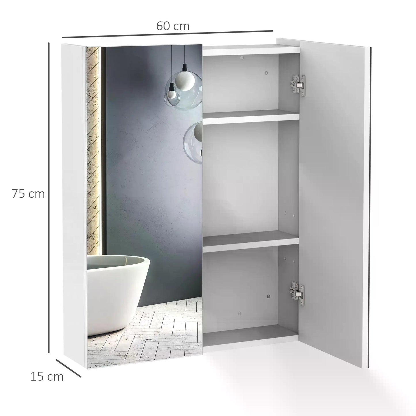 HOMCOM Bathroom Mirror Cabinet Wood Storage Shelf Wall Mount Double Door Cupboard Adjustable 60Wx15Dx75H - White