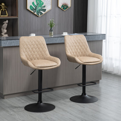 HOMCOM Retro Bar Stools Set of 2, Adjustable Kitchen Stool, Upholstered Bar Chairs with Back, Swivel Seat, Light Khaki