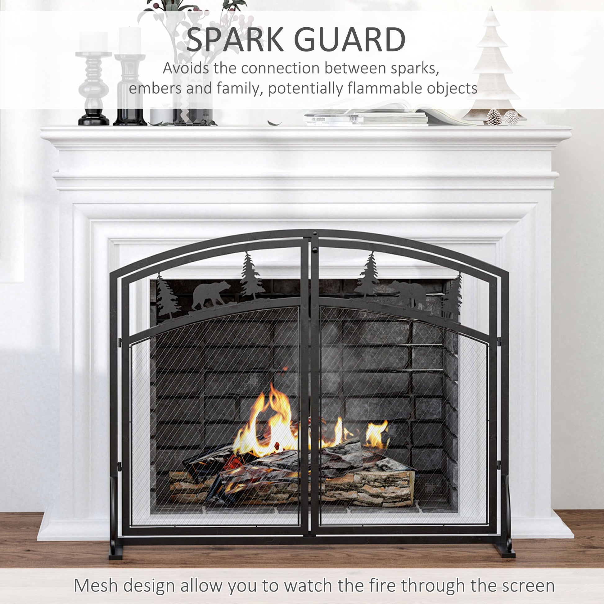 HOMCOM Fire Guard with Double Doors, Metal Mesh Fireplace Screen, Spark Flame Barrier with Tree Decoration for Living Room, Bedroom Decor