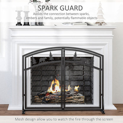 HOMCOM Fire Guard with Double Doors, Metal Mesh Fireplace Screen, Spark Flame Barrier with Tree Decoration for Living Room, Bedroom Decor