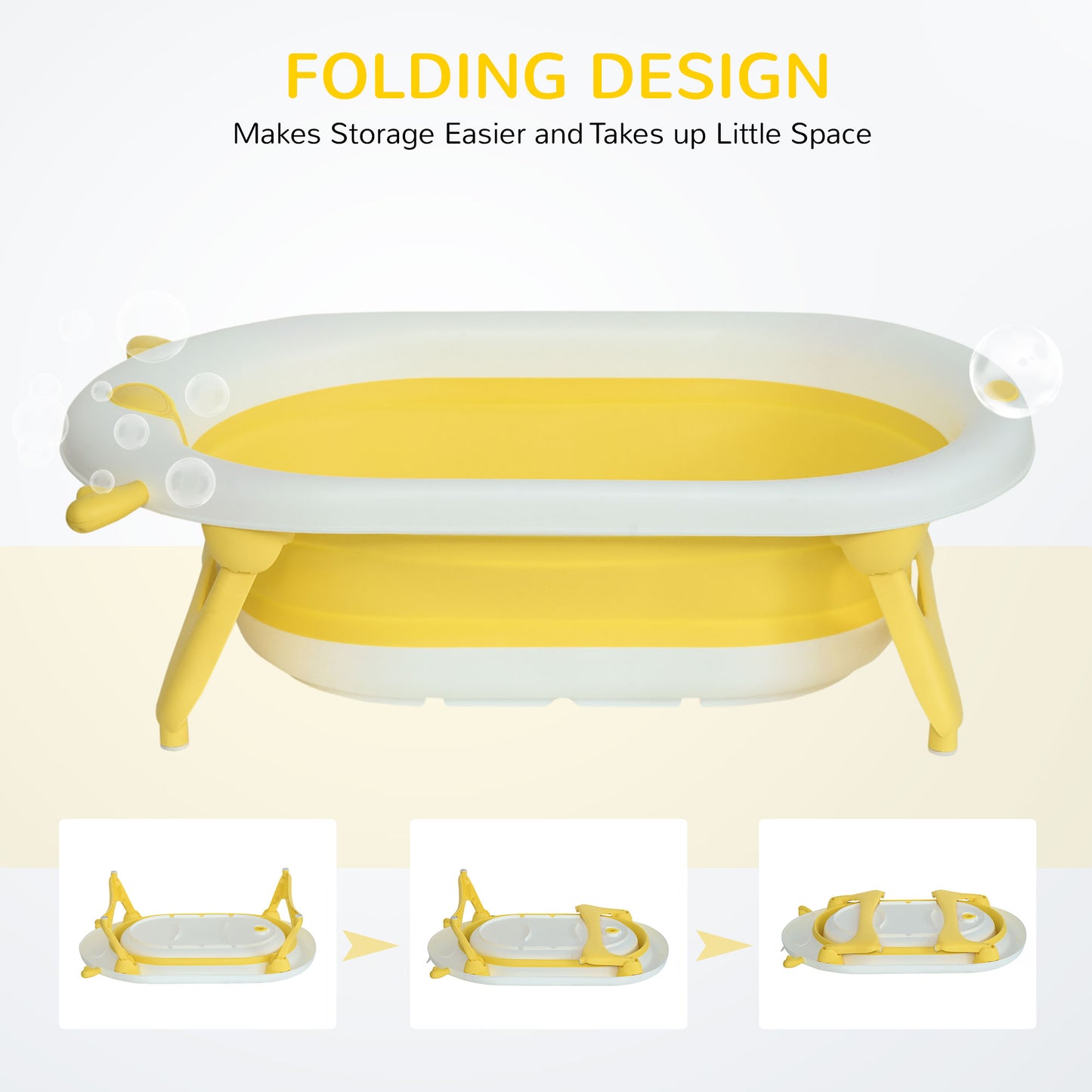 HOMCOM Collapsible Baby Bath Tub Foldable Ergonomic w/ Cushion Temperature Sensitive Water Plug Non-Slip Support Leg Portable for 0-3 Years, Yellow