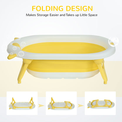 HOMCOM Collapsible Baby Bath Tub Foldable Ergonomic w/ Cushion Temperature Sensitive Water Plug Non-Slip Support Leg Portable for 0-3 Years, Yellow