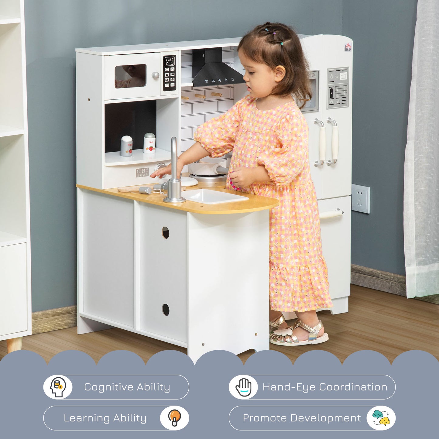 HOMCOM Kids Wooden Kitchen, Large Pretend Role Play Kitchen w/ Realistic Refrigerator, Microwave, Oven, Range Hood, Sink, Telephone