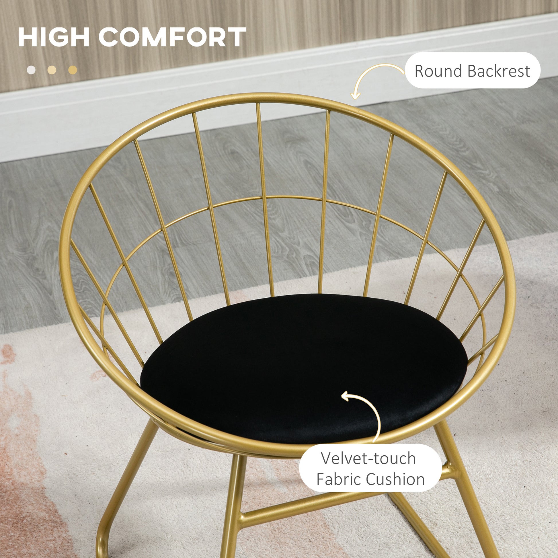 HOMCOM Modern Dining Chairs Set of 2, Metal Wire Kitchen Chair with Velvet-feel Cushion, Round Back and Steel Frame for Living Room, Bedroom, Gold