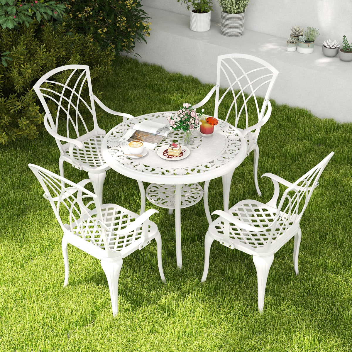 Patio Bistro Table Chair Set with Umbrella Hole for Garden Patio Balcony-White