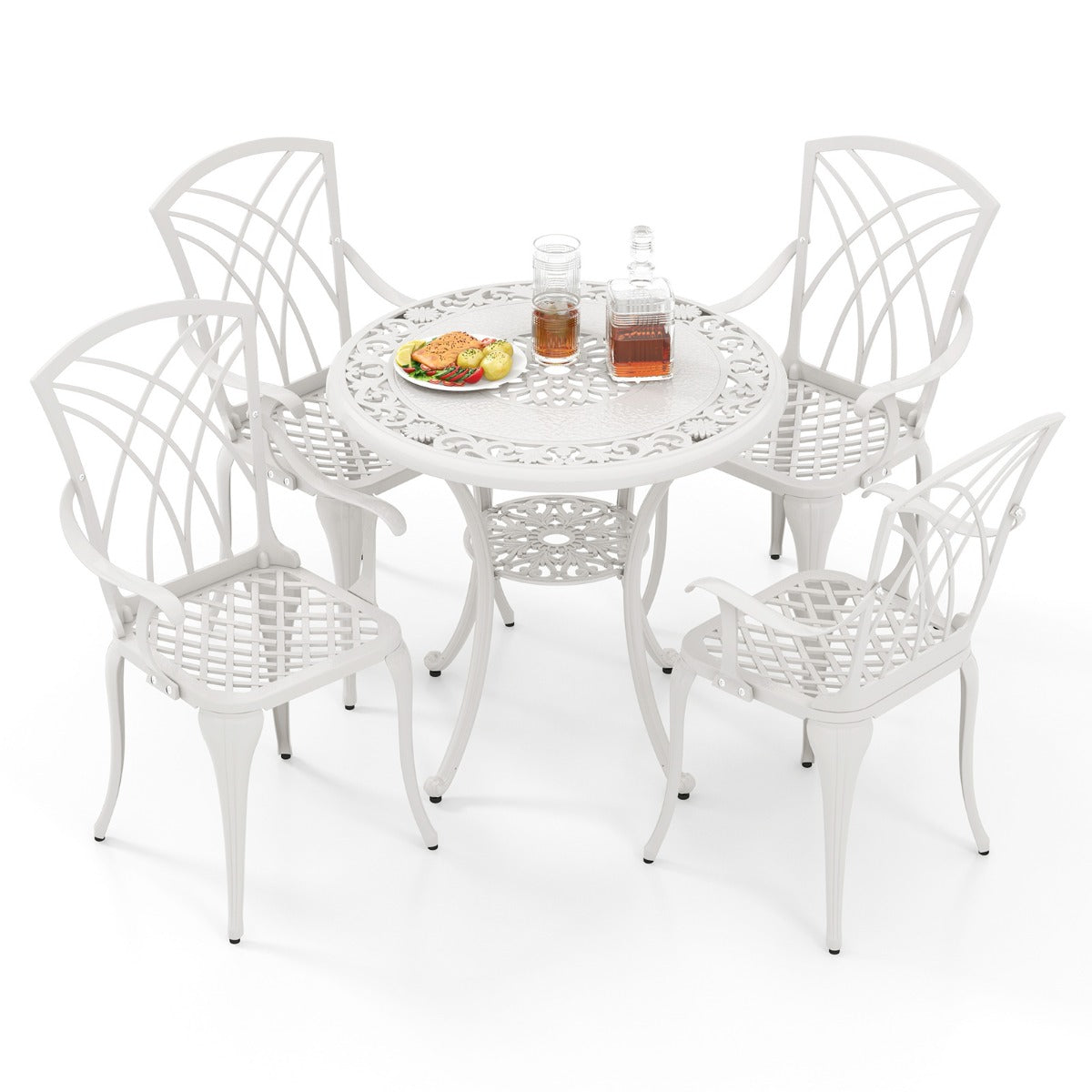 Patio Bistro Table Chair Set with Umbrella Hole for Garden Patio Balcony-White