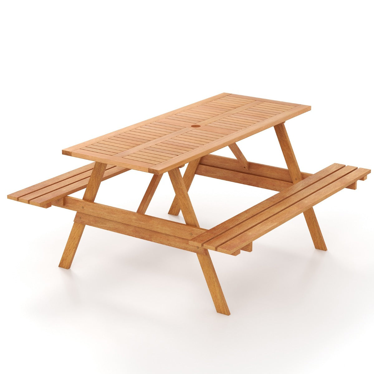 Patio Rectangle Picnic Table with 2 Built-in Benches for Backyard Garden Deck 