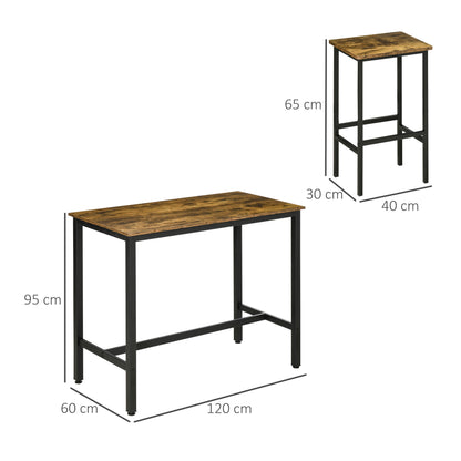 HOMCOM Industrial Bar Table Set, Breakfast Table with 2 Stools, 3-Piece Counter Height Dining Table & Chairs for Kitchen, Living Room, Rustic Brown