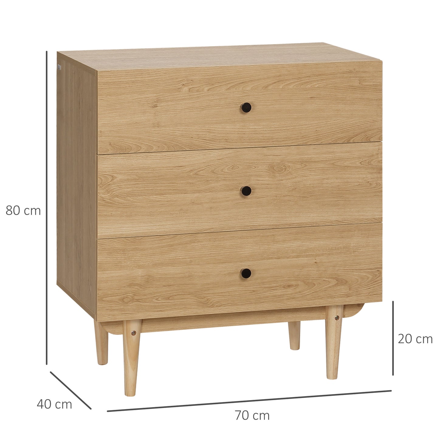 HOMCOM Drawer Chest, 3-Drawer Storage Cabinet Unit with Wood Legs for Bedroom, Living Room, Natural