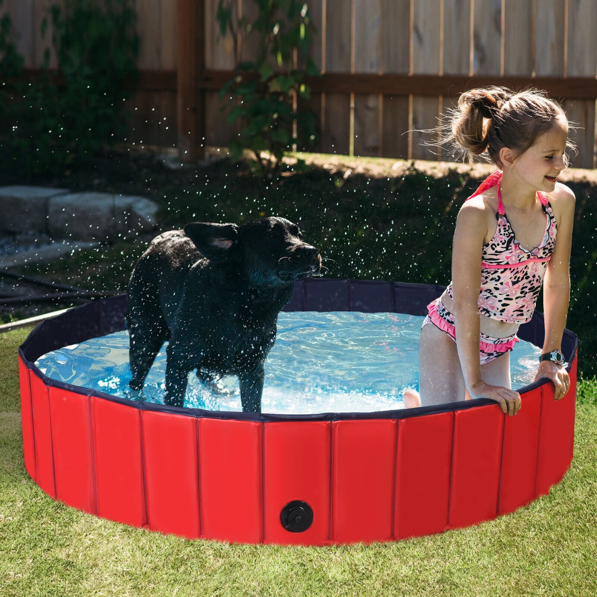 XXL Foldable Pet Bath Swimming Pool with Rotatable Drain Valve-Red