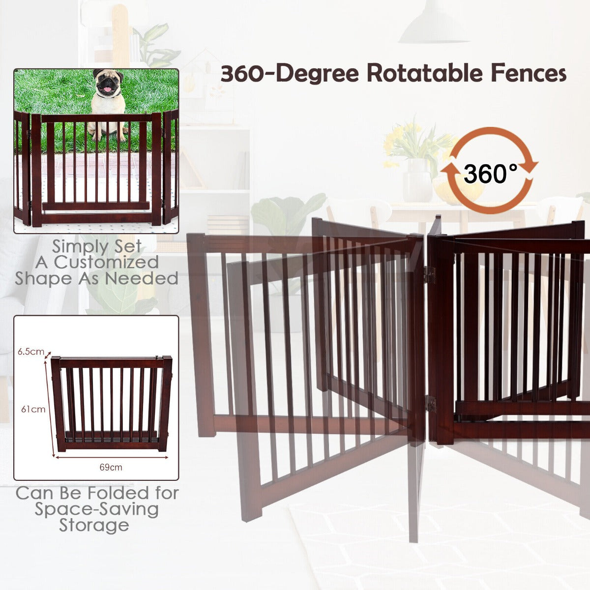 Freestanding Foldable Wooden Pet Gate with 360°Hinges and Lockable Door