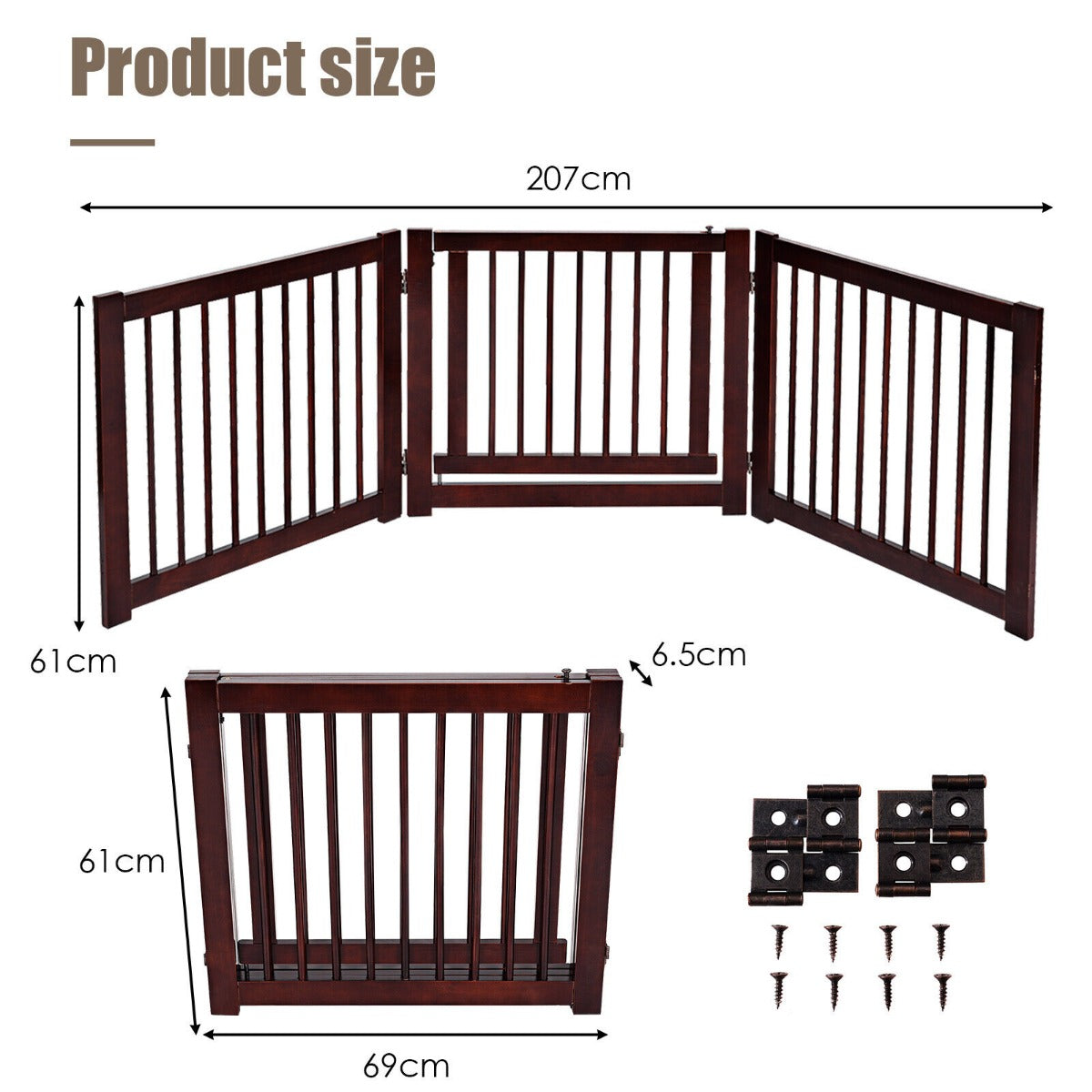 Freestanding Foldable Wooden Pet Gate with 360°Hinges and Lockable Door