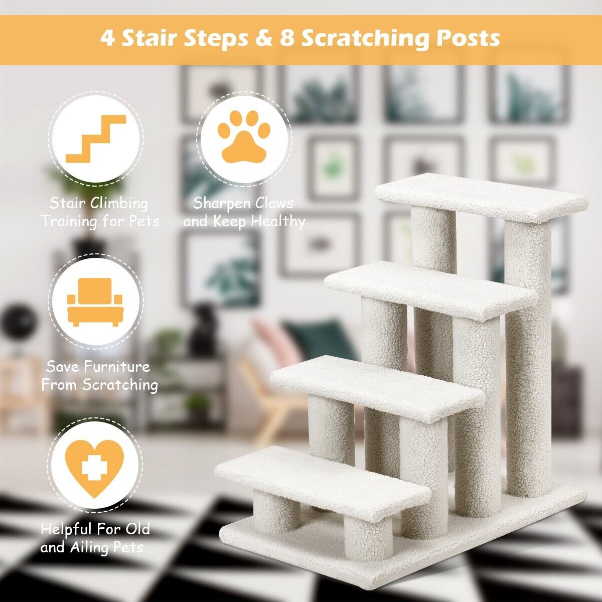 4-Step Carpeted Cat Dog Easy Climb Ladder-White