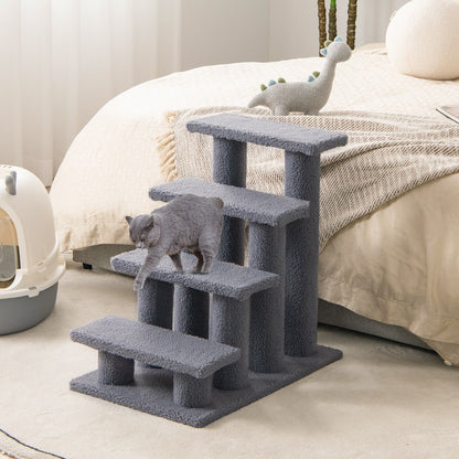 4-Step Carpeted Cat Dog Easy Climb Ladder-Grey