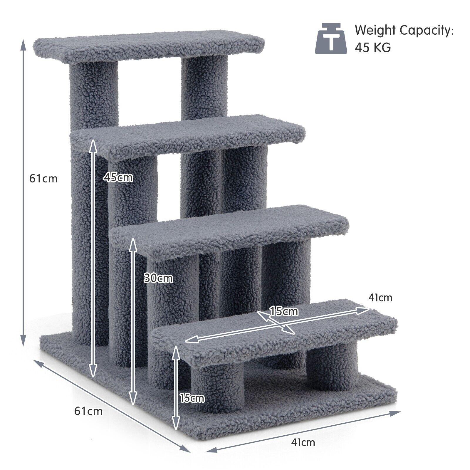 4-Step Carpeted Cat Dog Easy Climb Ladder-Grey