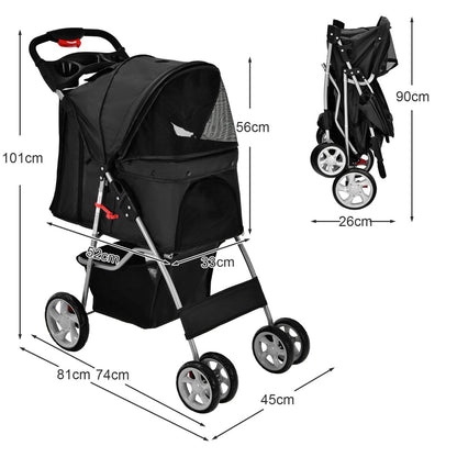 4-Wheel Folding Pet Stroller with Storage Basket and Adjustable Canopy-Black