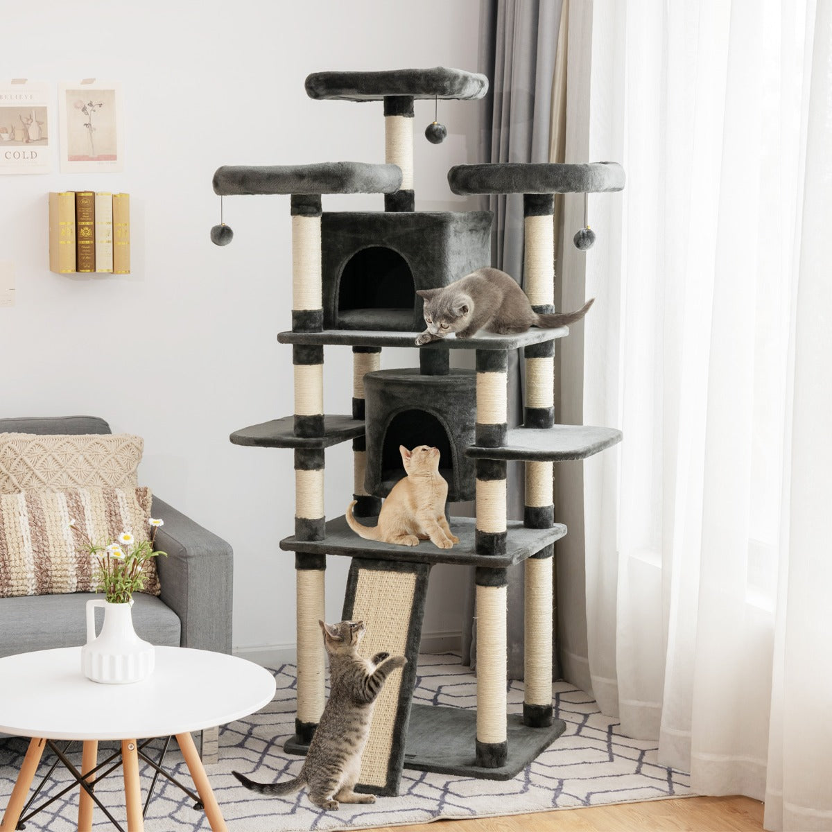 Cat Tree Condo wth Scratching Poles and Board-Dark Grey