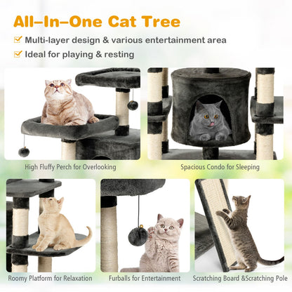 Cat Tree Condo wth Scratching Poles and Board-Dark Grey