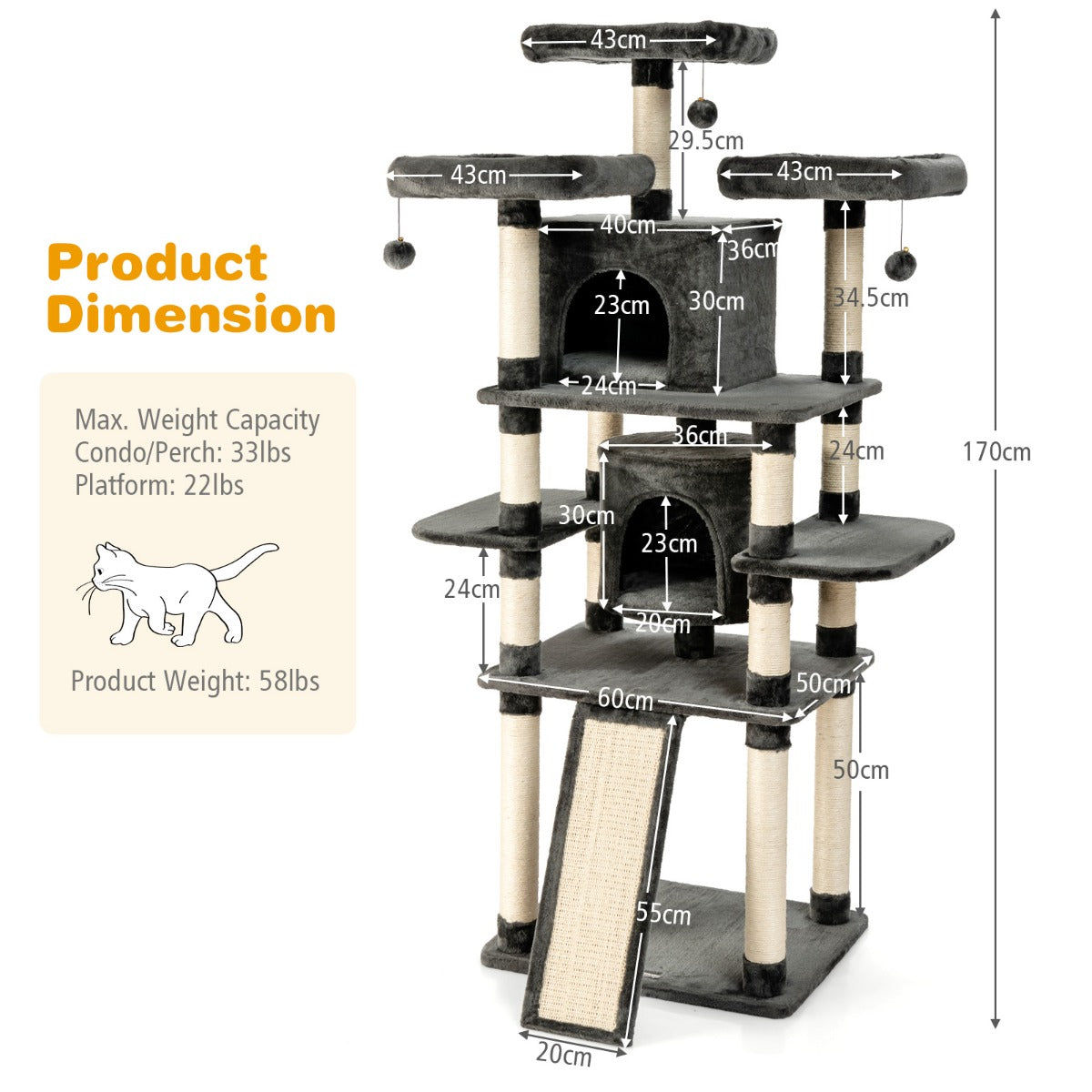 Cat Tree Condo wth Scratching Poles and Board-Dark Grey