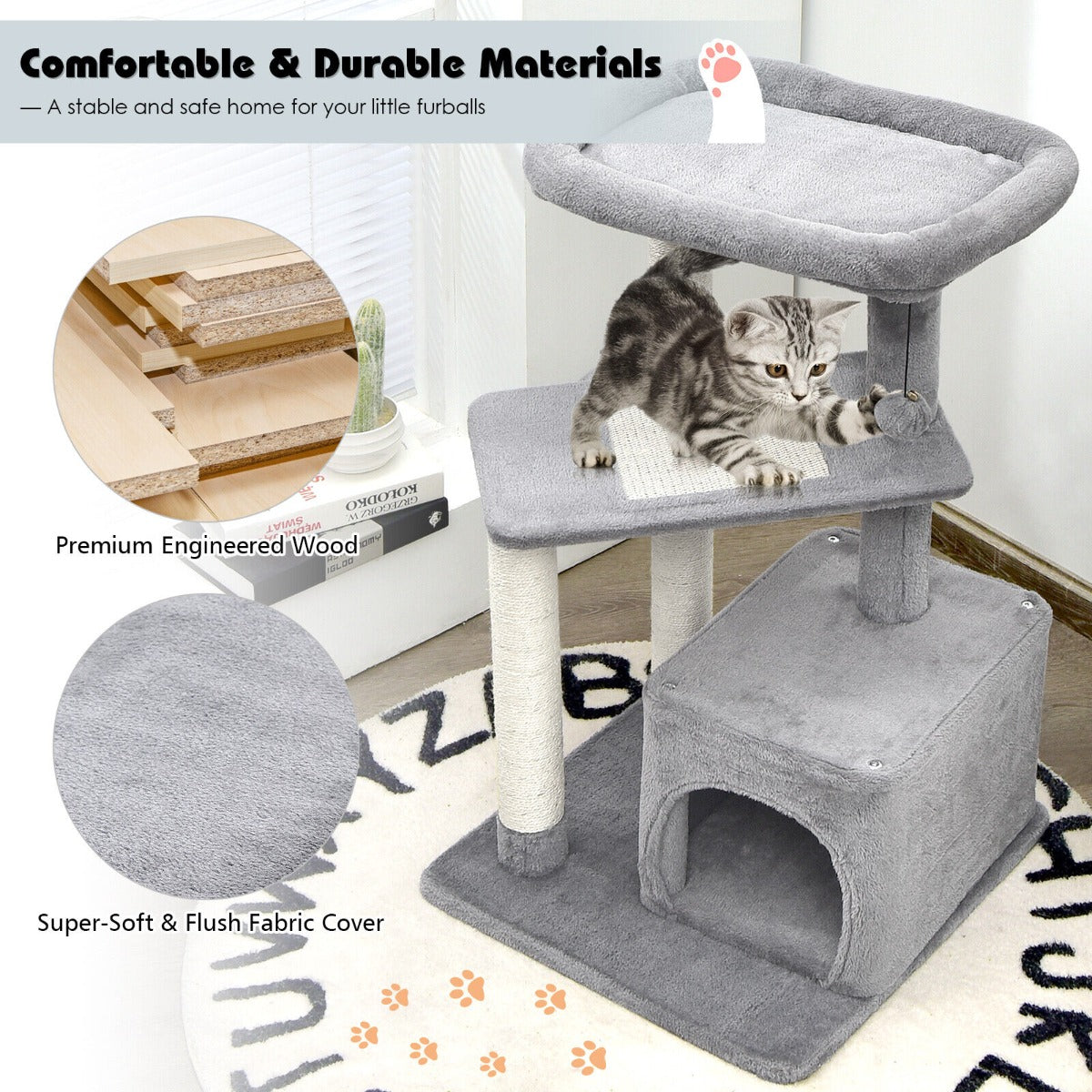 4-Layer Cat Tree with Scratching Posts Cat Condo Dangling Ball-Grey