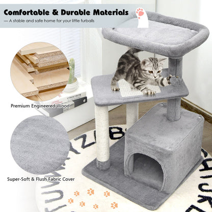 4-Layer Cat Tree with Scratching Posts Cat Condo Dangling Ball-Grey