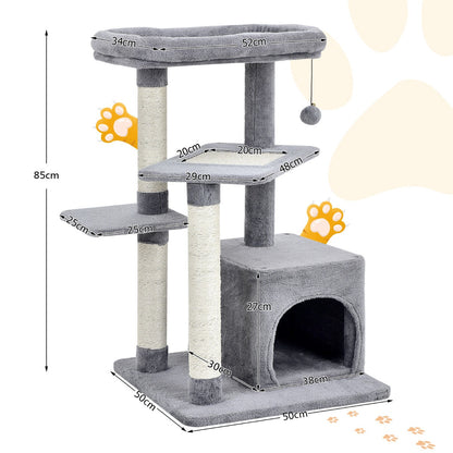 4-Layer Cat Tree with Scratching Posts Cat Condo Dangling Ball-Grey