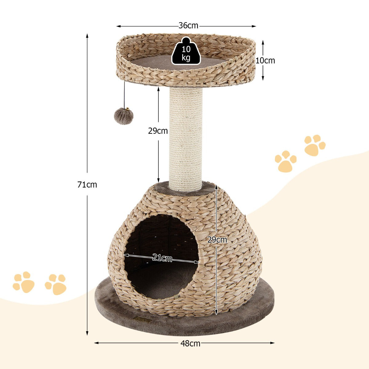 Indoor Cat Tree with Sisal Scratching Post and Hanging Toy Ball-48 x 48 x 71 cm