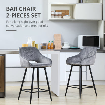 HOMCOM Set of 2 Bar stools With Backs, Velvet-Touch Fabric Counter Height Bar Chairs, Kitchen Stools with Steel Legs for Dining Area, Grey