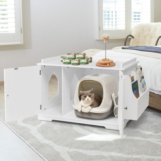 Wooden Cat Litter Box Hidden Washroom Toilet with 2 Doors-White